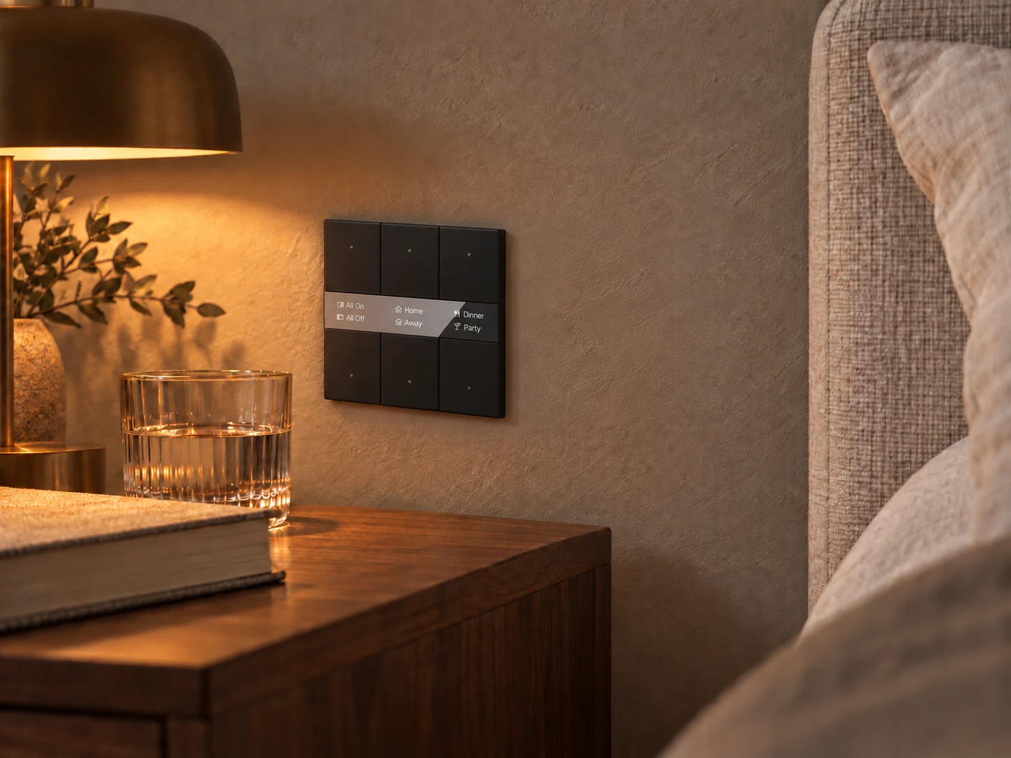 Illustrative bedside six-button control beside a warm reading light