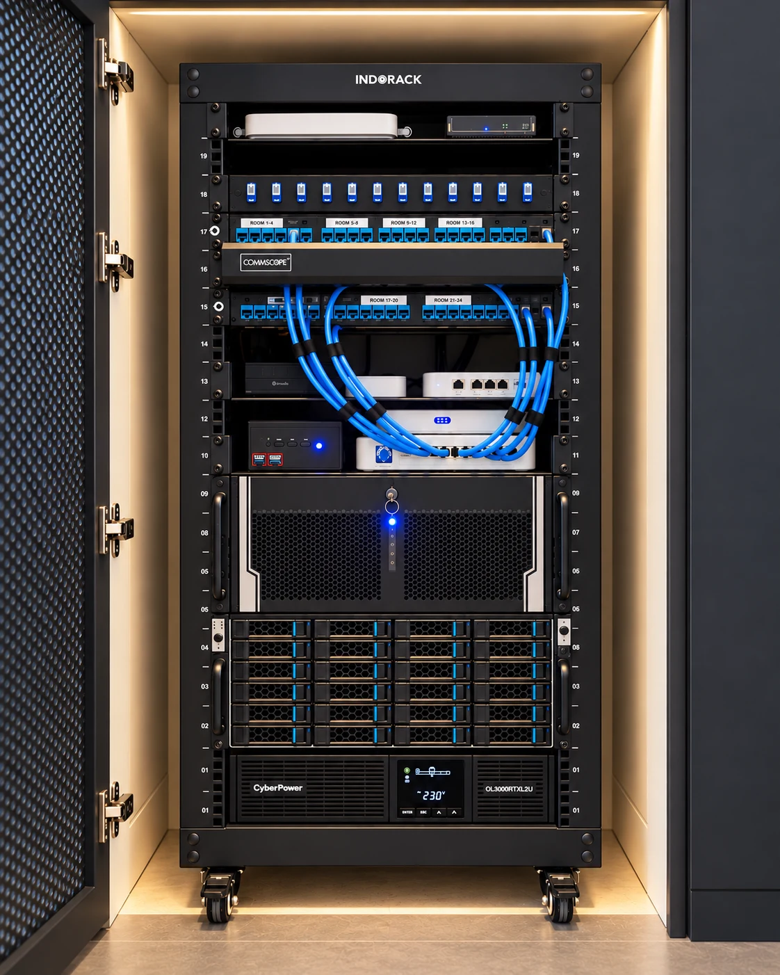 Enhanced residential rack image showing blue patch cables, network equipment, servers and a UPS