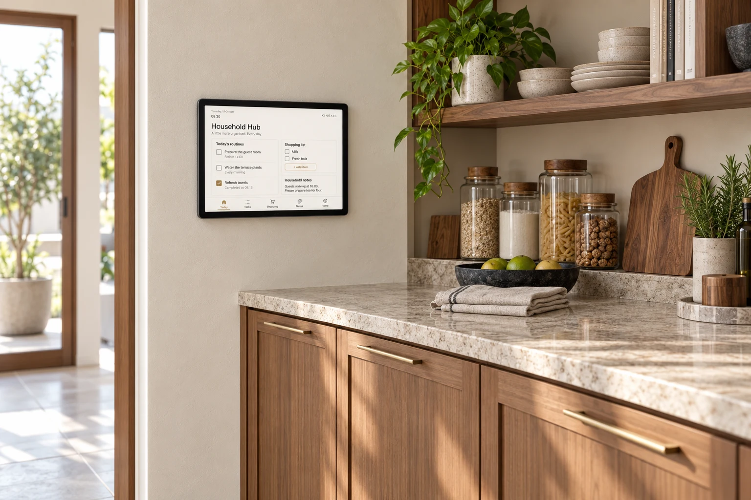 Concept of a compact 10-inch PoE pantry wall tablet showing routines, shopping and household notes